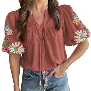 B130 Mineral Red Floral Embroidered Puff Sleeve Split Neck Blouse